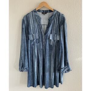 COCOMO Womens 3/4 Sleeve Henley Knit Top Tunic 3X Blue Stretch Abstract Flowy